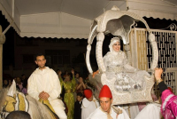 Traditional Moroccan wedding with groom on white horse and bride carried in a palanquin.